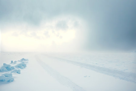 Snow dunes panorama during blizzard. White and empty frozen scenic imaginary landscape. Generative AI.の素材