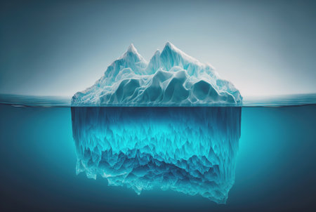 Submerged iceberg in a ocean. Splitwater image of white ice huge lump in water. Antarctic landscape. Generative AI.の素材