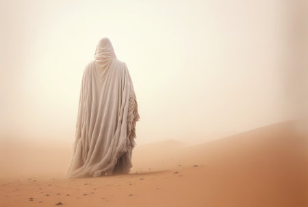 Man in white coat stand in a desert sands during the storm. Sand in a air, dusty mist. Generative AI.の素材