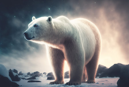 Polar bear, full body. Looking left. Northern wildlife. Generative AI.の素材