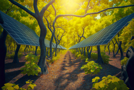 Solar panels row in a forest. Futuristic solar energy generation concept. Generative AI.の素材