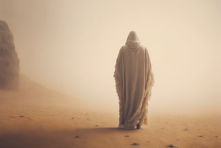 Man in white coat stand in a desert sands during the storm. Sand in a air, dusty mist. Generative AI.の素材