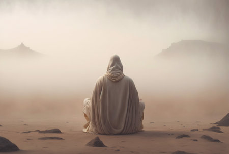 Man in white coat sit and pray in a desert sands during the storm. Sand in a air, dusty mist. Generative AI.の素材