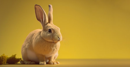 Cute little rabbit sitting on uniform yellow floor background. Generative AI.の素材