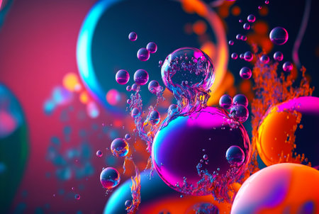Abstract fluid color bubbles background. Oil colorful drops. Generative AI.の素材