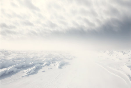 Snow dunes panorama during blizzard. White and empty frozen scenic imaginary landscape. Generative AI.の素材