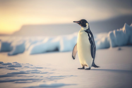 Adult penguin. Standing on snow. With beautiful snowy landscape behind. Generative AI.の素材