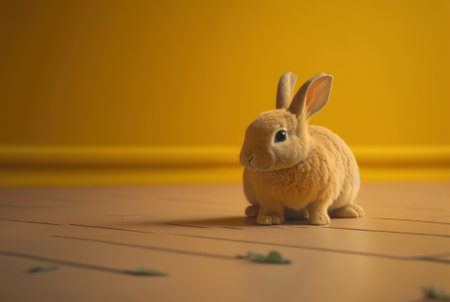 Cute little rabbit sitting on uniform yellow floor background. Generative AI.の素材
