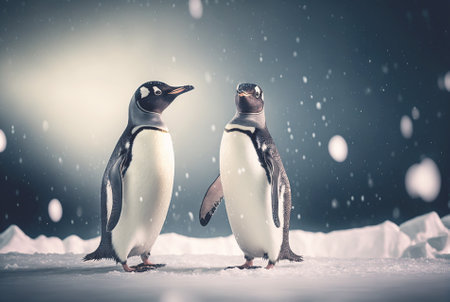Two adult penguins. Standing on snow. Generative AI.の素材