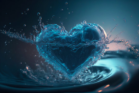 Heart-shaped water stream with bubbles, drops, splashes. Valentine's day concept. Generative AI.の素材