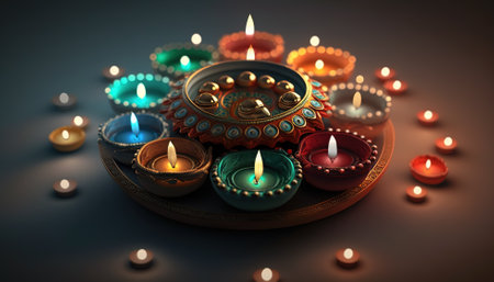 Diya lit lamps on rangoli. Diwali celebration concept. Generative AIの素材