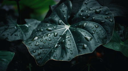 Closeup of Alocasia tropical plant leaves with rain drops. Green natural backdrop. Generative AI.の素材