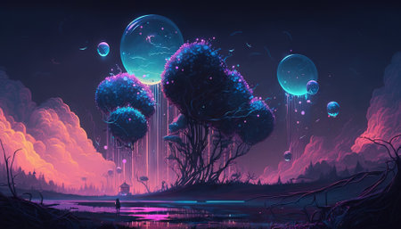Dreamy futuristic landscape. Bubble trees. Neon colored. Generative AIの素材