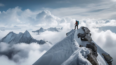 Explorer stand in front of high mountain peak winter snowy landscape. Generative AI.の素材