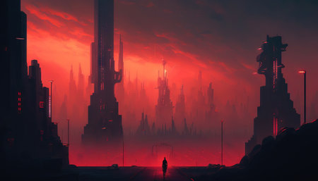 Cyberpunk cityscape landscape with a dystopian and gritty mood. Generative AI.の素材