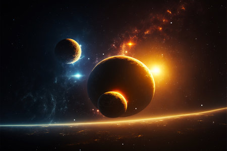 Triple planet system. Strange distant space worlds. Futuristic universe. Generative AI.の素材