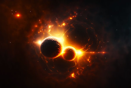 Double planet system. Distant space worlds. Futuristic universe. Generative AI.の素材