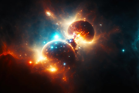 Double planet system. Distant space worlds. Futuristic universe. Generative AI.の素材