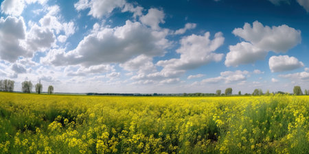 Spring flower field and blue sky with white clouds. Generative AI.の素材
