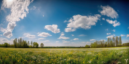 Spring flower field and blue sky with white clouds. Generative AI.