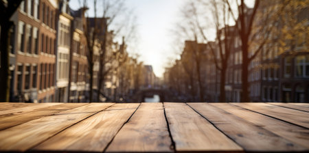 Wood table mockup with Amsterdam city street in shallow depth of field. Copy space for product. Generative AI.の素材
