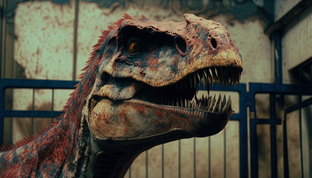 Closeup on head with sharp teeth of carnivorous dinosaur. Prehistoric predator. Generative AI.の素材