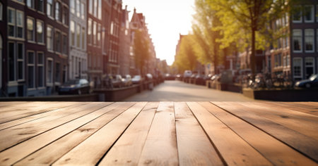Wood table mockup with Amsterdam city street in shallow depth of field. Copy space for product. Generative AI.の素材