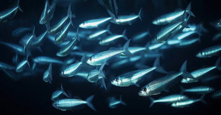 School of small silver fish underwater. Marine life. Generative AI.の素材
