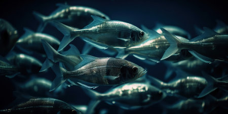 School of small silver fish underwater. Marine life. Generative AI.の素材