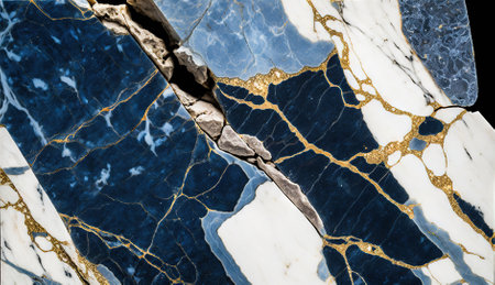 Blue and white marble with golden veins background. Generative AI.の素材