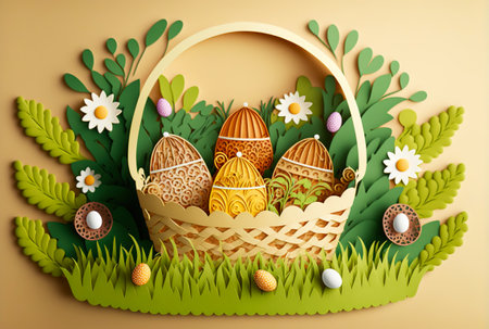 Paper cut background with basket full of Easter eggs. Intricate details. Generative AI.の素材