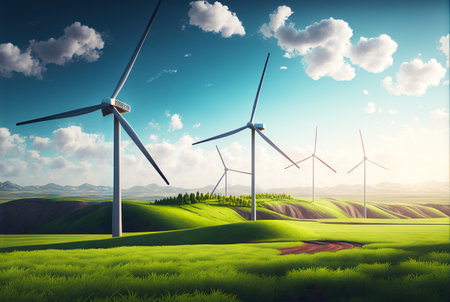 Landscape with windmills. Renewable electricity technology. Generative AI.の素材