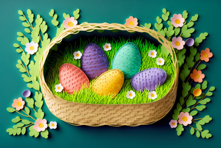 Paper cut background with basket full of Easter eggs. Intricate details. Generative AI.の素材