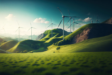 Landscape with windmills. Renewable electricity technology. Generative AI.の素材