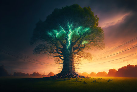 Big tree with wires connected. And green lighting amongst its crown. Green energy concept. Generative AI.の素材