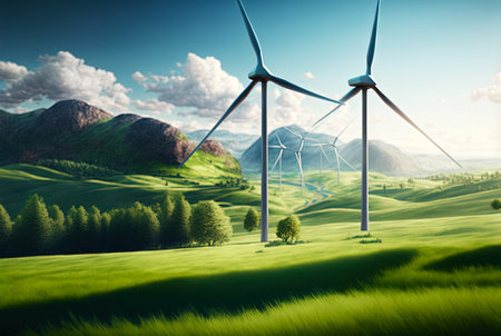 Landscape with windmills. Renewable electricity technology. Generative AI.の素材