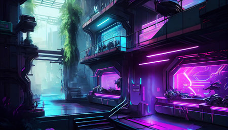 High-tech environment of neon cyberpunk city. Generative AIの素材