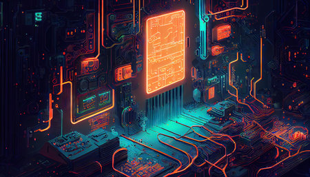 Cyberpunk intricate electronic machine with neon light. Circuit boards and wires. Generative AIの素材