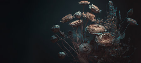 A close-up of a dried wreath made of flowers in soft muted tones. Floral design with copy-space. Generative AIの素材