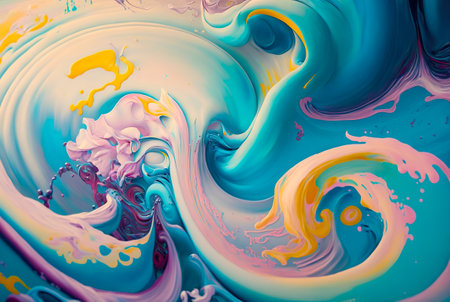 Abstract gouache paint swirls and splashes on canvas. Colorful background. Generative AI.の素材