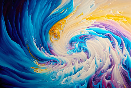 Abstract gouache paint swirls and splashes on canvas. Colorful background. Generative AI.の素材