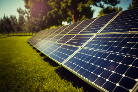 Solar panels row on a grass of green lawn. Solar energy generation. Renewable energetics. Generative AI.の素材