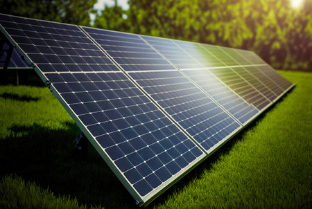 Solar panels row on a grass of green lawn. Solar energy generation. Renewable energetics. Generative AI.の素材
