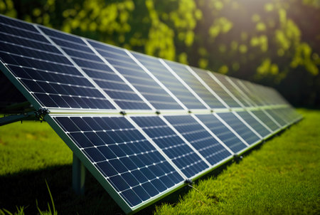 Solar panels row on a grass of green lawn. Solar energy generation. Renewable energetics. Generative AI.の素材