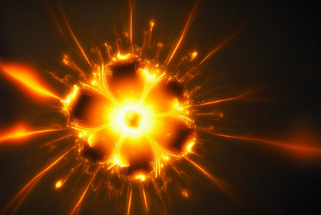 Abstract orange energy burst with electric protuberances. Futuristic explosion of glowing magic. Generative AI.の素材