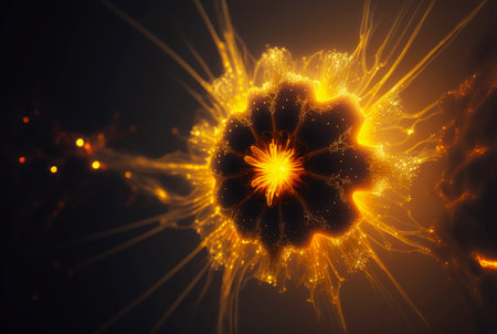 Abstract orange energy burst with electric protuberances. Futuristic explosion of glowing magic. Generative AI.の素材