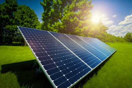 Solar panels row on a grass of green lawn. Solar energy generation. Renewable energetics. Generative AI.の素材