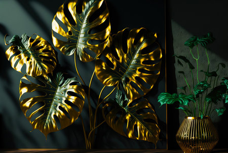 Gold monstera leaves in interior. Natural luxury backdrop. Generative AI.の素材