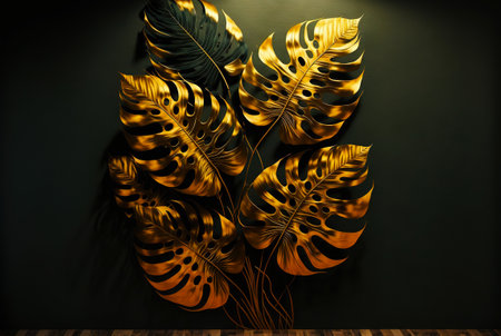 Gold monstera leaves in interior. Natural luxury backdrop. Generative AI.の素材