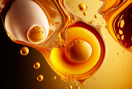 Golden bubbles of honey, oil, beer or juice. Macro of fluid flow. Generative AI.の素材